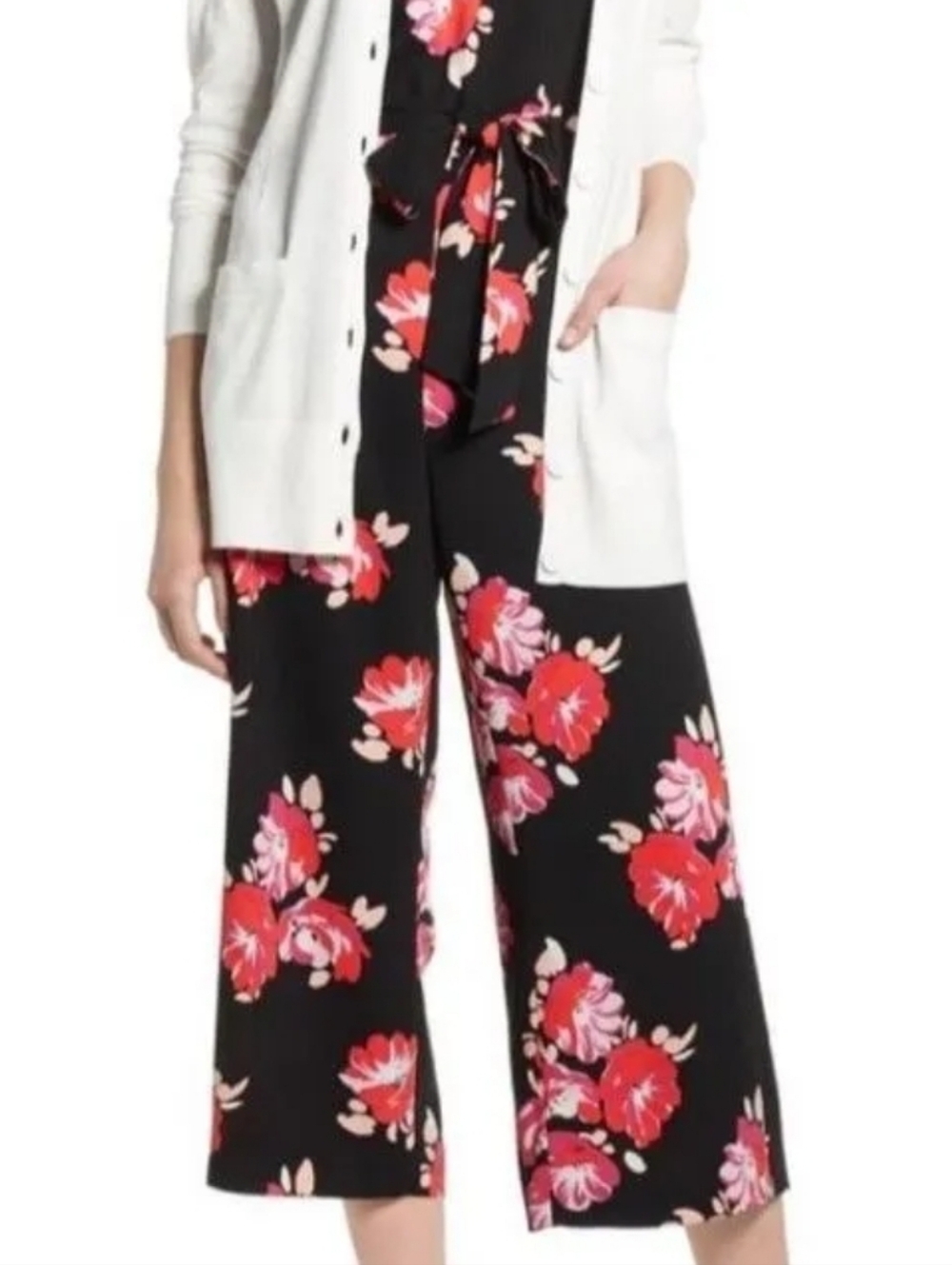 Halogen Floral Cropped Pants Small Slacks Elastic Waist Flowy Wide Leg